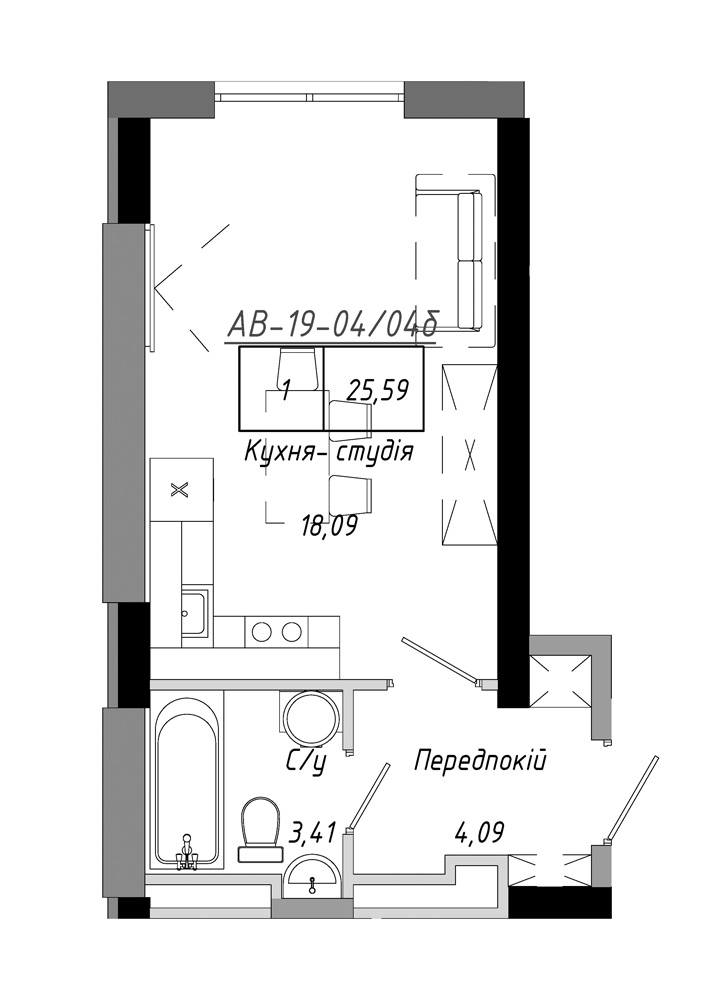 Планировка Smart-квартира площей 25.59м2, AB-19-04/0004б.