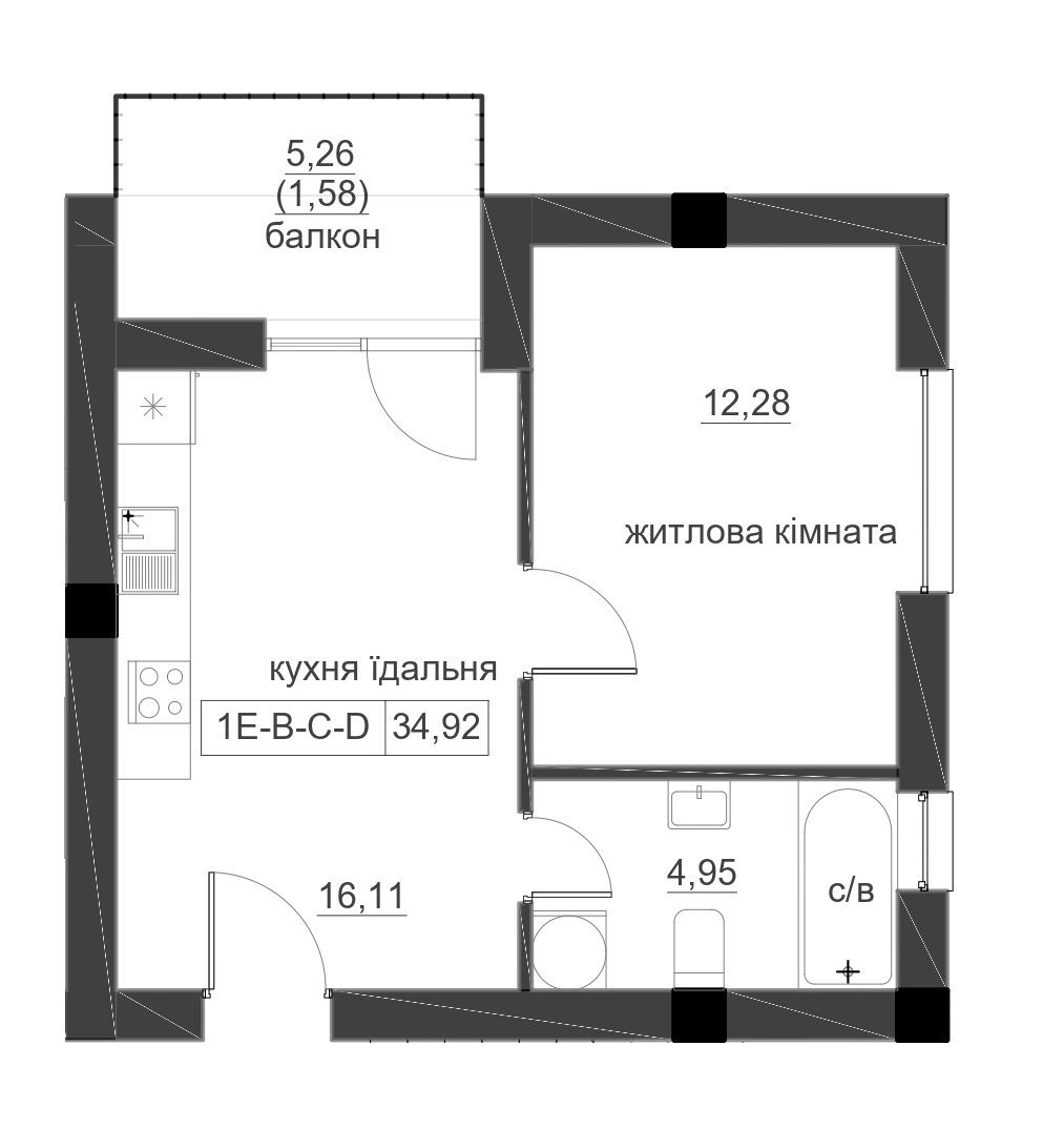 Планировка 1-к квартира площей 34.92м2, LR-005-09/0001.