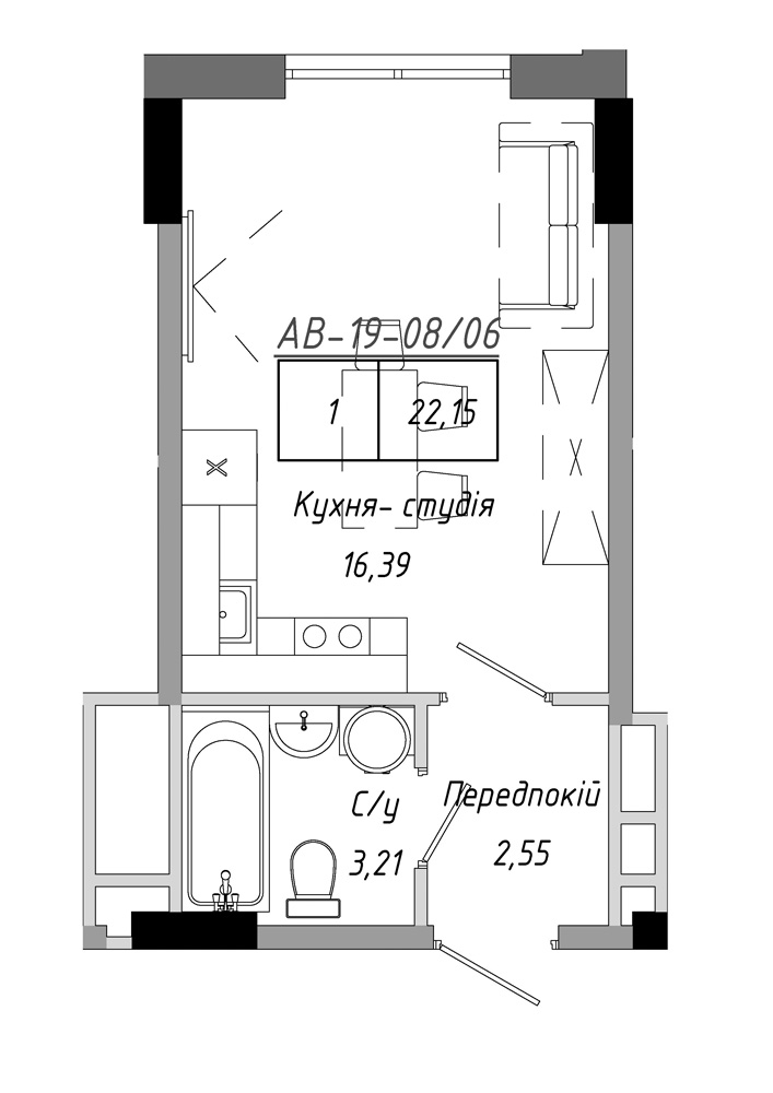 Планування Smart-квартира площею 22.15м2, AB-19-08/00006.