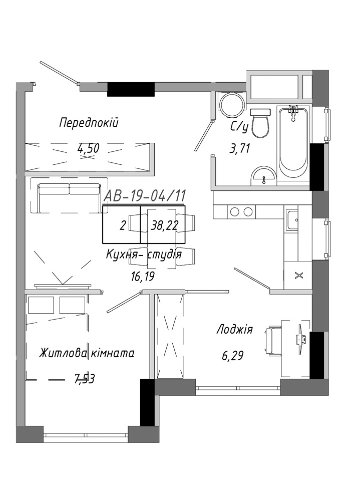Планування 1-к квартира площею 38.22м2, AB-19-04/00011.