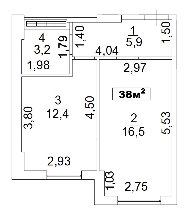 Планування 1-к квартира площею 38м2, AB-02-02/0004а.