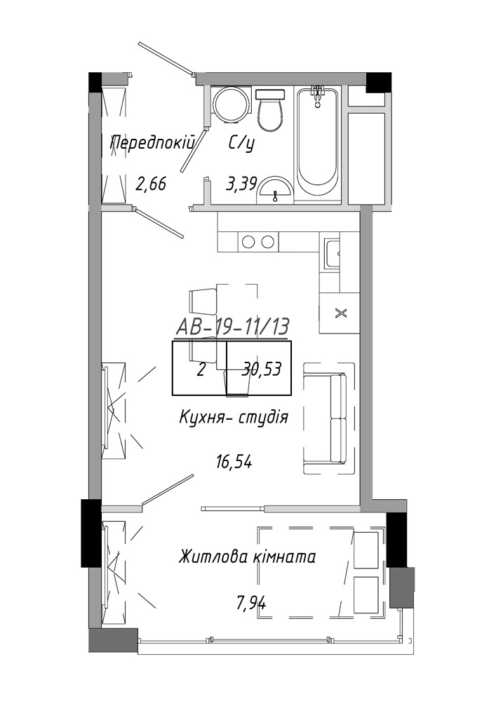 Планировка 1-к квартира площей 30.53м2, AB-19-11/00013.