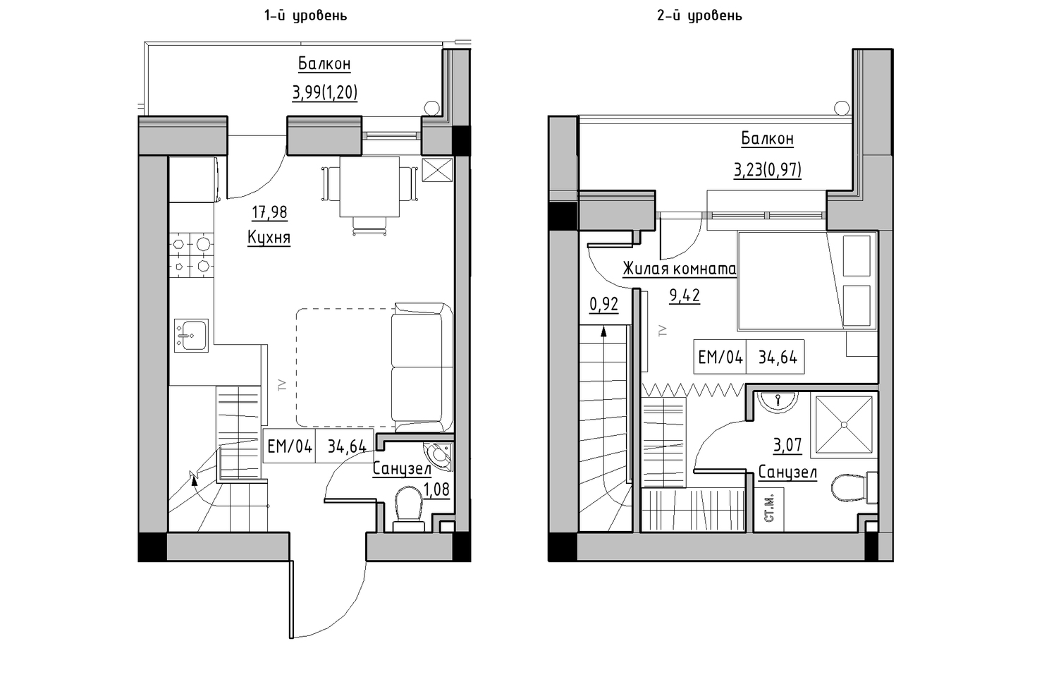 Planning 2-lvl flats area 34.64m2, KS-010-05/0005.