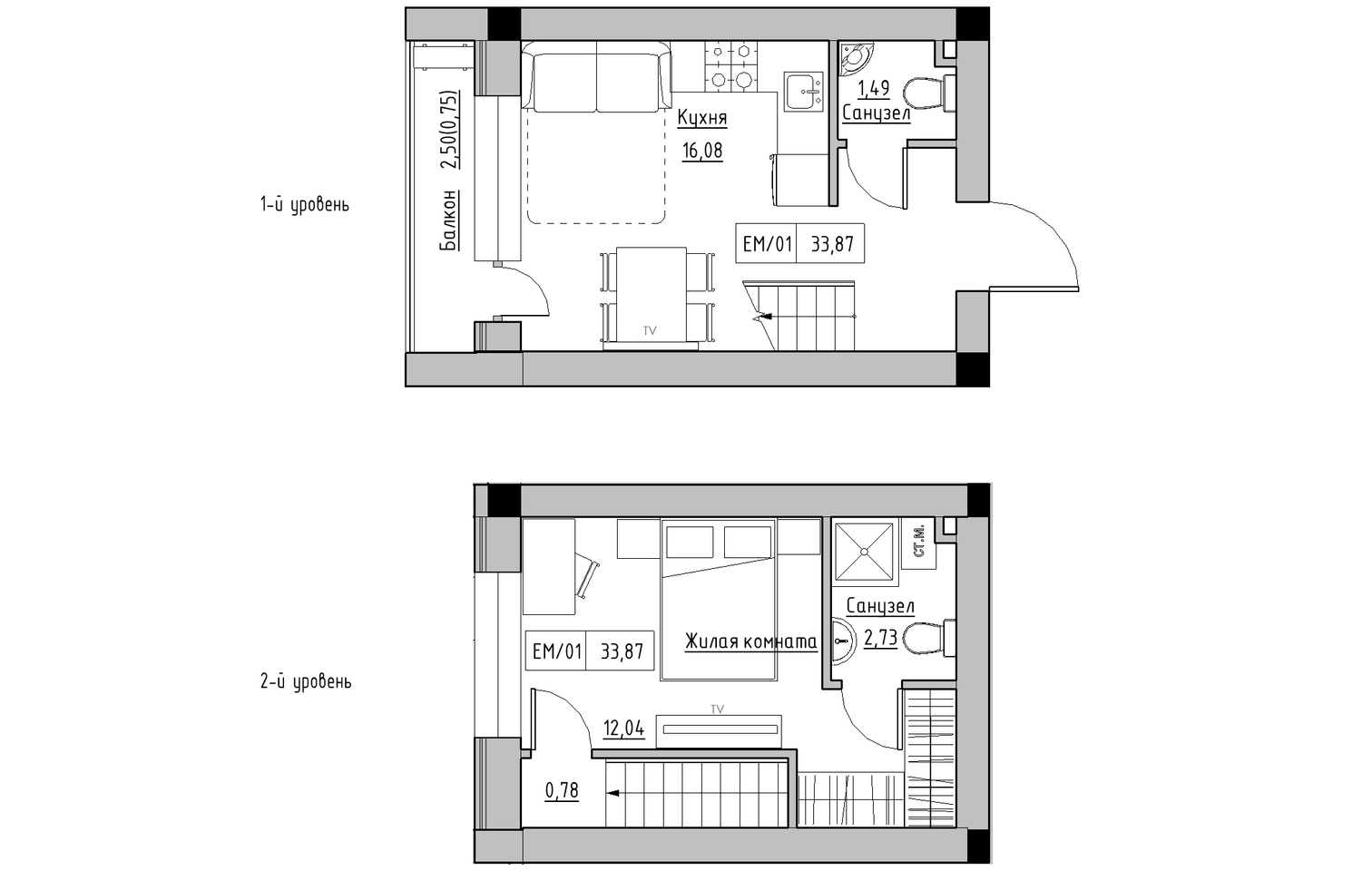 Planning 2-lvl flats area 33.87m2, KS-013-05/0005.