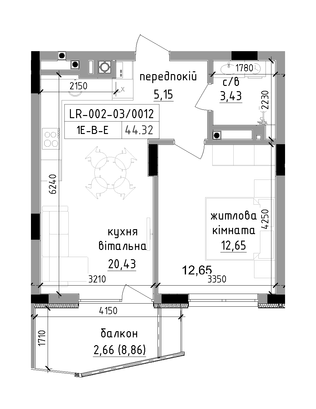 Планировка 1-к квартира площей 44.32м2, LR-002-03/0012.