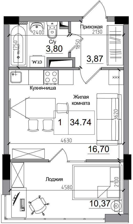 Планировка 1-к квартира площей 34.74м2, AB-15-07/00002.