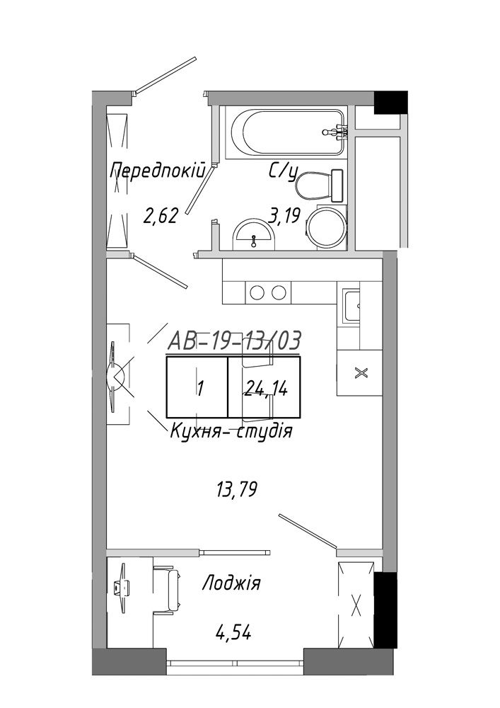 Планировка Smart-квартира площей 24.14м2, AB-19-13/00103.