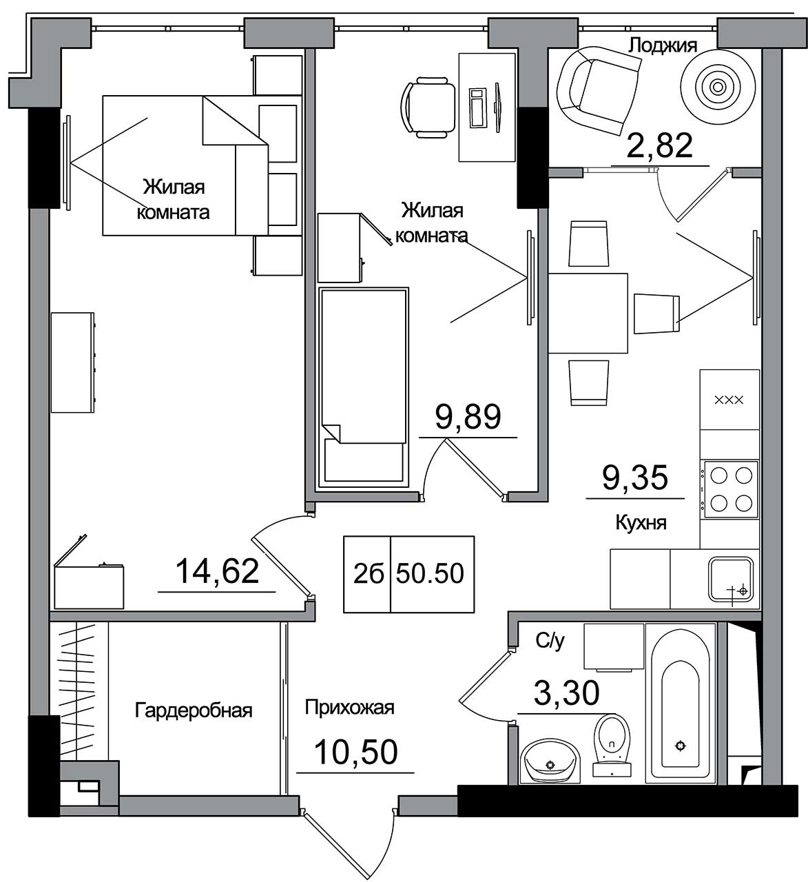 Планировка 2-к квартира площей 50.5м2, AB-16-12/00007.