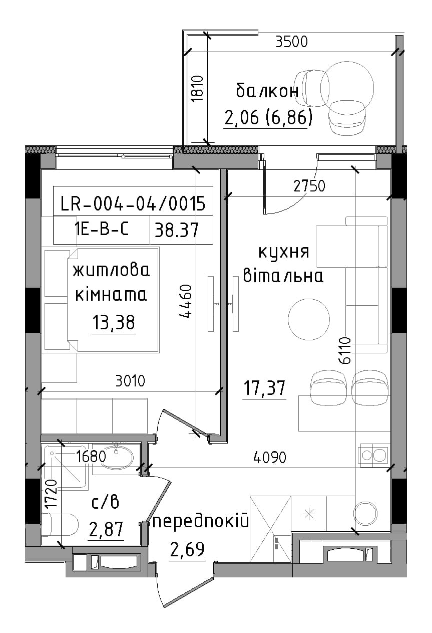Planning 1-rm flats area 38.37m2, LR-004-04/0015.