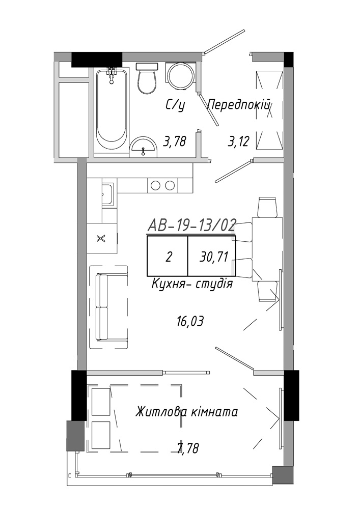 Планировка 1-к квартира площей 30.71м2, AB-19-13/00102.