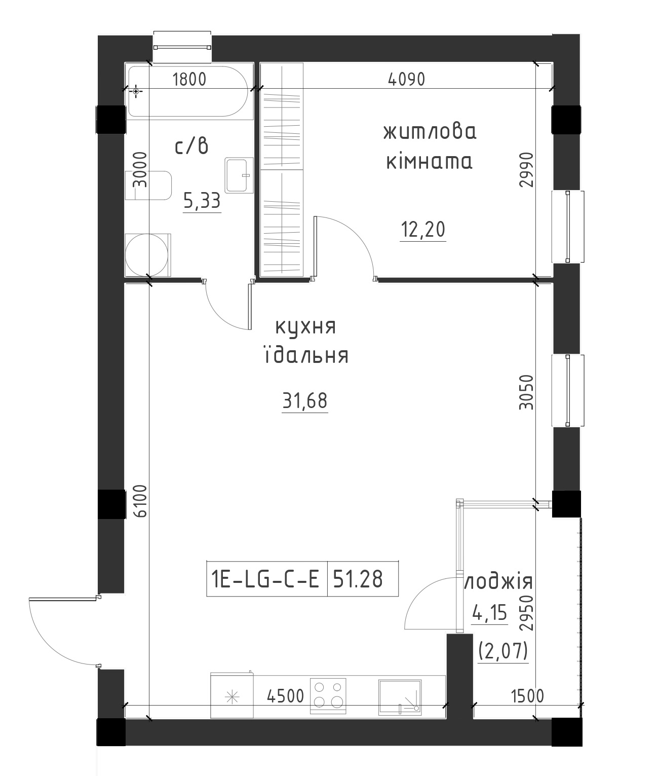 Планировка 1-к квартира площей 51.29м2, LR-002-07/0005.