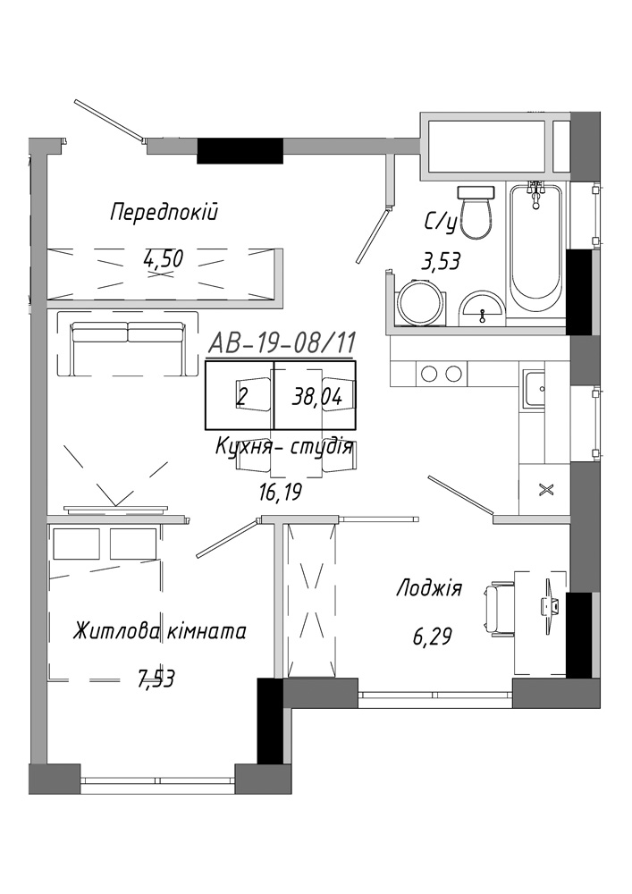 Планировка 1-к квартира площей 38.04м2, AB-19-08/00011.