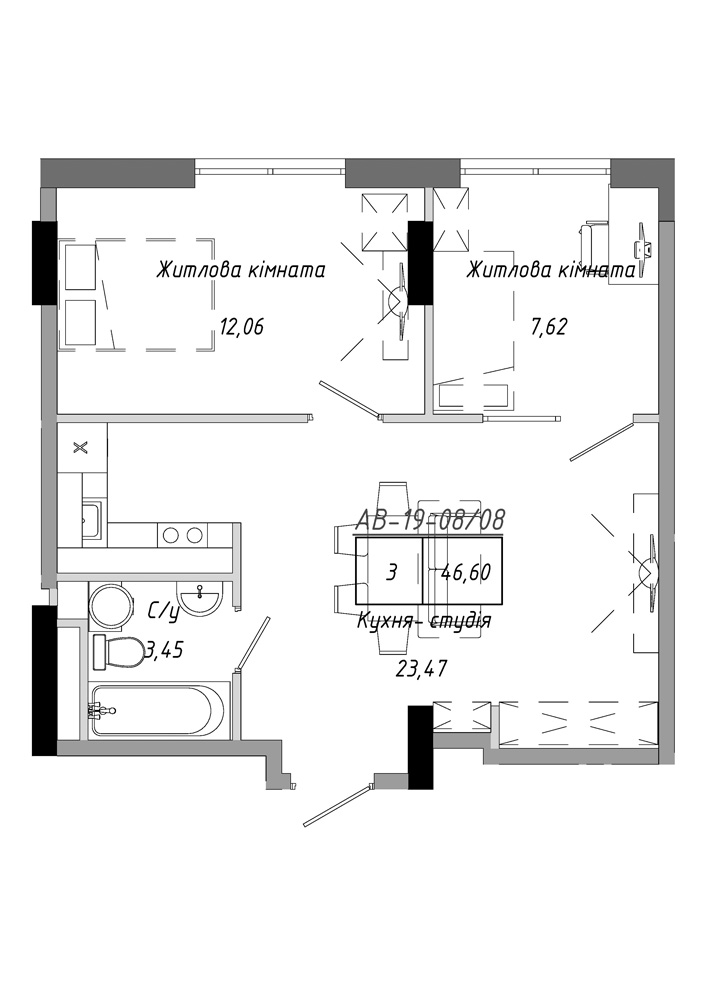 Планировка 2-к квартира площей 46.6м2, AB-19-08/00008.
