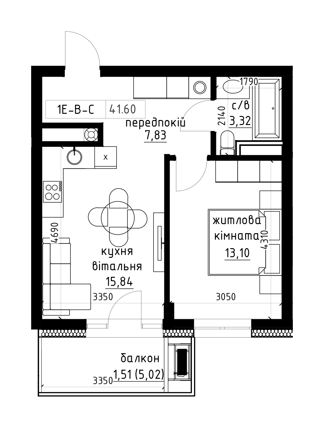 Планування 1-к квартира площею 41.6м2, LR-003-07/0003.