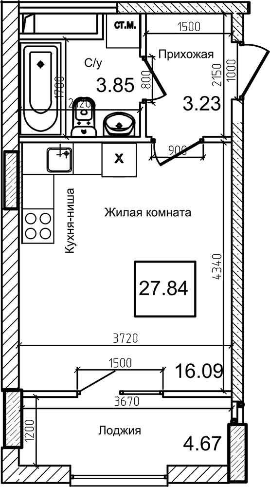 Планування Smart-квартира площею 27.5м2, AB-08-09/00004.