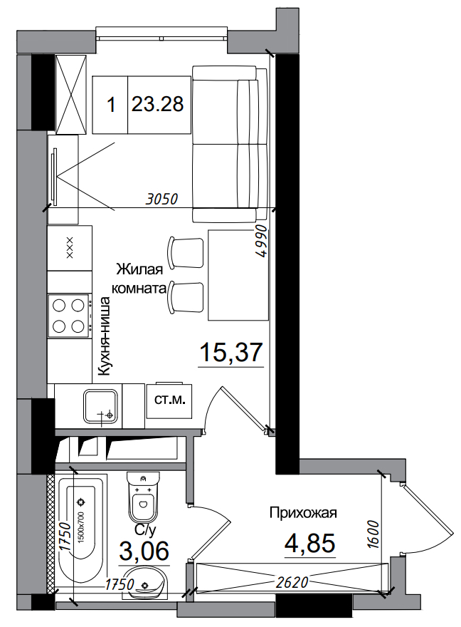 Планировка Smart-квартира площей 23.28м2, AB-14-05/00005.