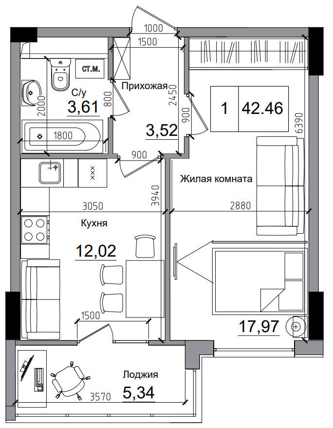 Планировка 1-к квартира площей 42.46м2, AB-11-03/00013.