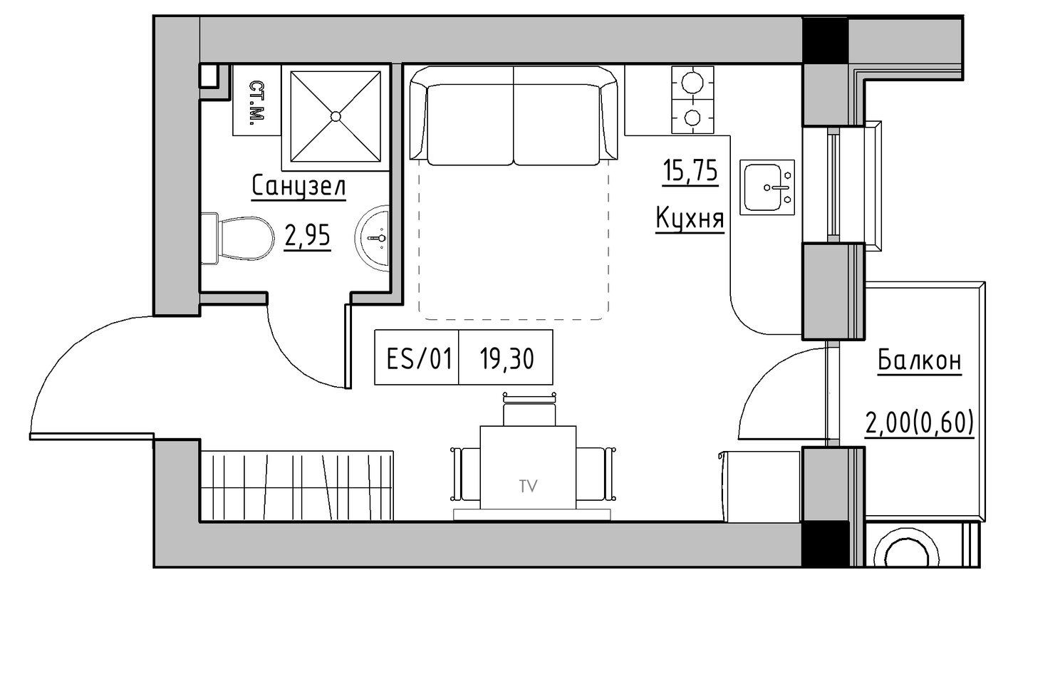 Планировка Smart-квартира площей 19.3м2, KS-010-05/0013.