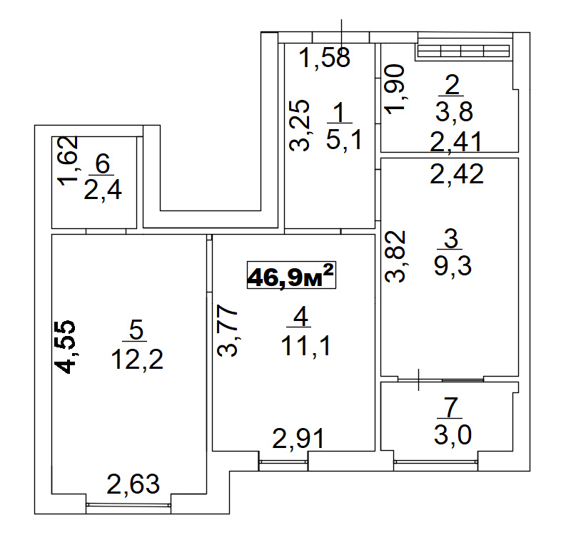 Планування 2-к квартира площею 46.9м2, AB-02-10/00014.