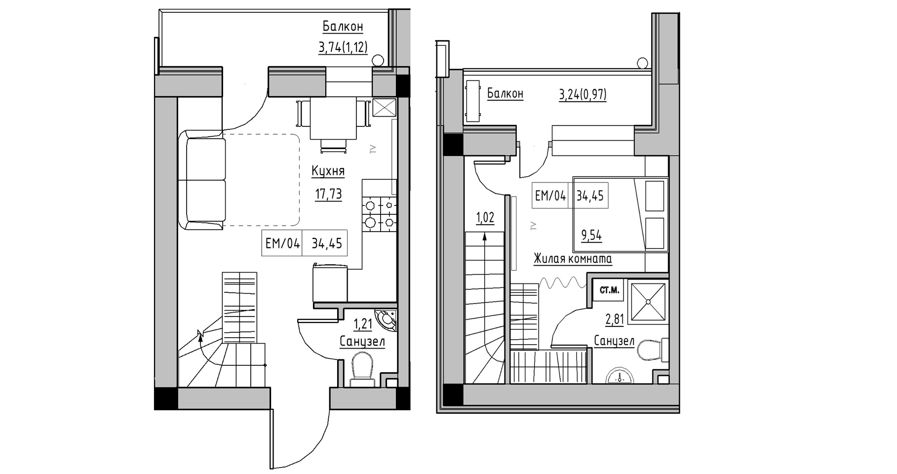 Planning 2-lvl flats area 34.45m2, KS-014-05/0005.