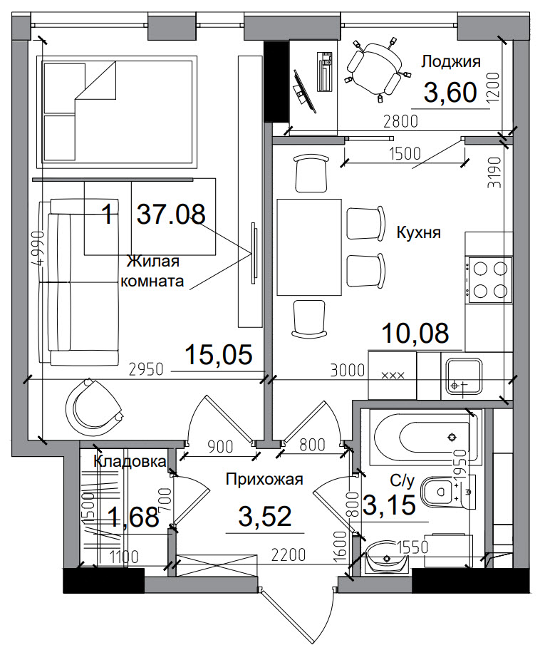 Планування 1-к квартира площею 37.08м2, AB-04-10/0007б.