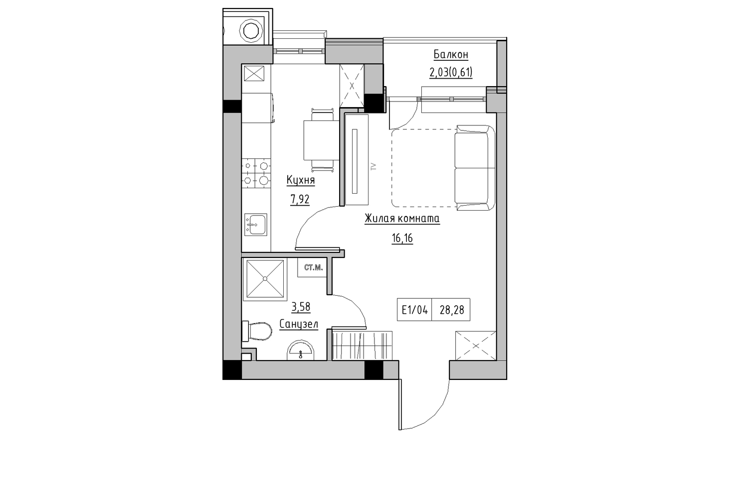 Планування 1-к квартира площею 27.55м2, KS-010-05/0007.