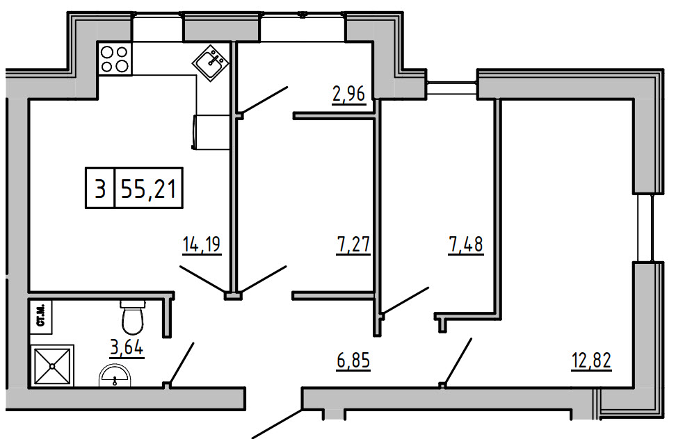 Планировка 3-к квартира площей 55.23м2, KS-006-03/0008.