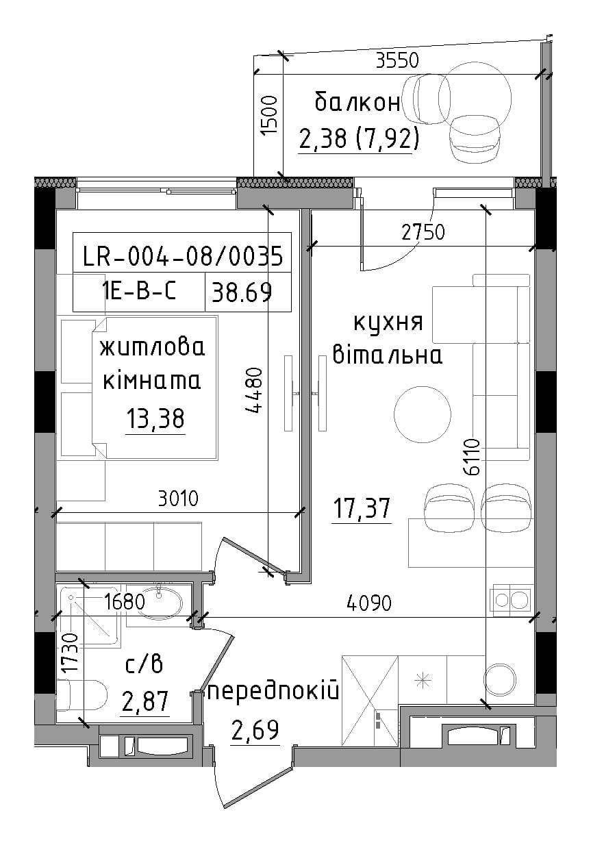 Планировка 1-к квартира площей 38.69м2, LR-004-08/0035.