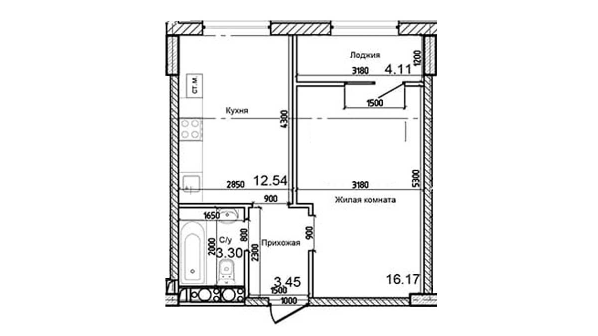 Планування 1-к квартира площею 38м2, AB-03-05/00009.