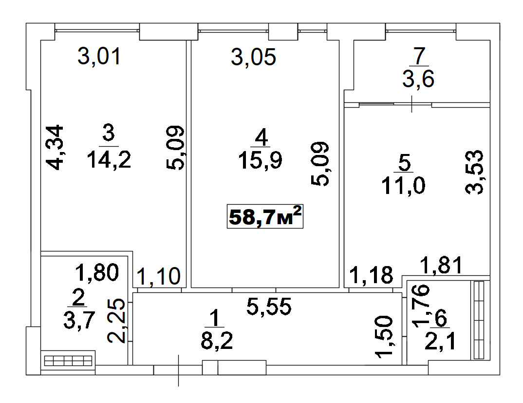 Планування 2-к квартира площею 58.7м2, AB-02-07/00006.