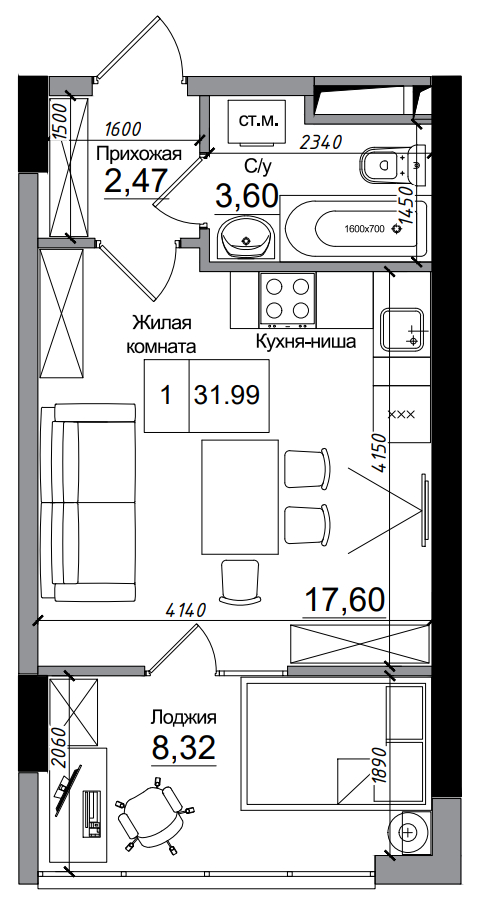 Планування Smart-квартира площею 31.99м2, AB-14-12/00001.