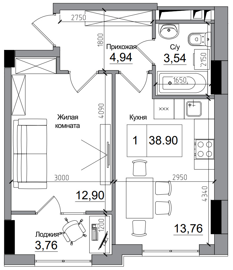 Планировка 1-к квартира площей 38.9м2, AB-15-11/00012.