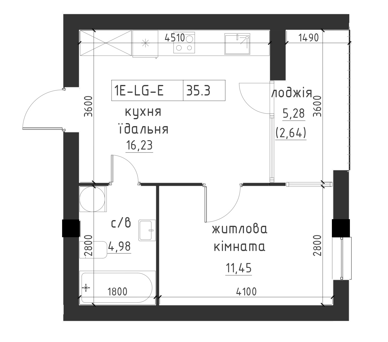 Планировка 1-к квартира площей 35.3м2, LR-002-07/0003.