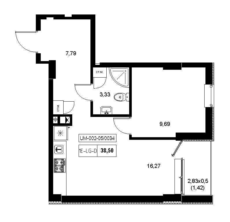 Planning 1-rm flats area 38.5m2, 9a56b919-f413-11ea-ba9c-00155d42e31d.