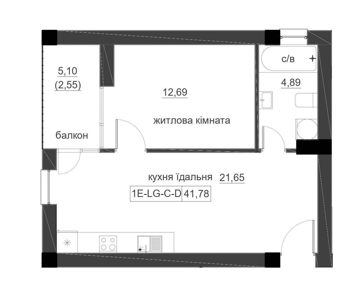 Планування 1-к квартира площею 41.78м2, LR-005-05/0002.