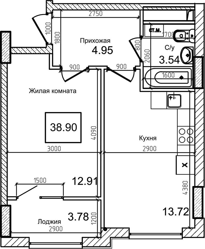 Планировка 1-к квартира площей 38.9м2, AB-08-01/00012.