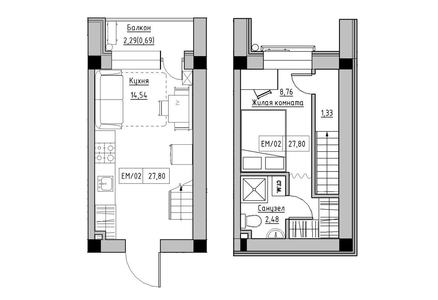 Planning 2-lvl flats area 27.8m2, KS-014-05/0010.