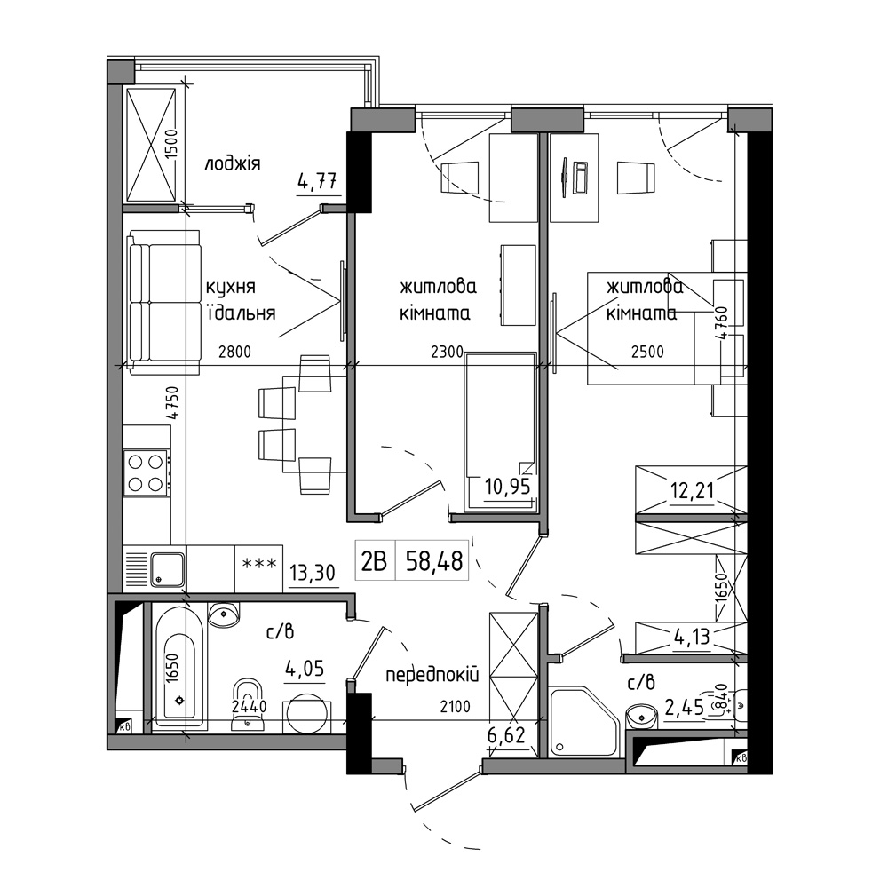 Планировка 2-к квартира площей 58.48м2, AB-17-11/00009.