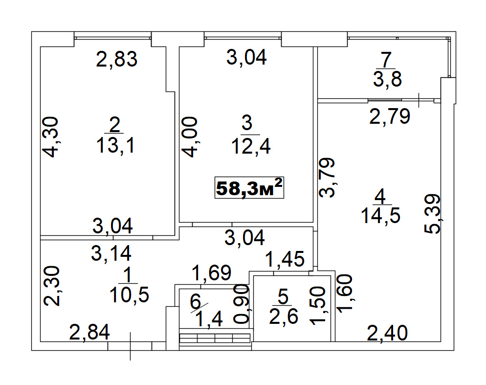 Планировка 2-к квартира площей 58.3м2, AB-02-09/00009.
