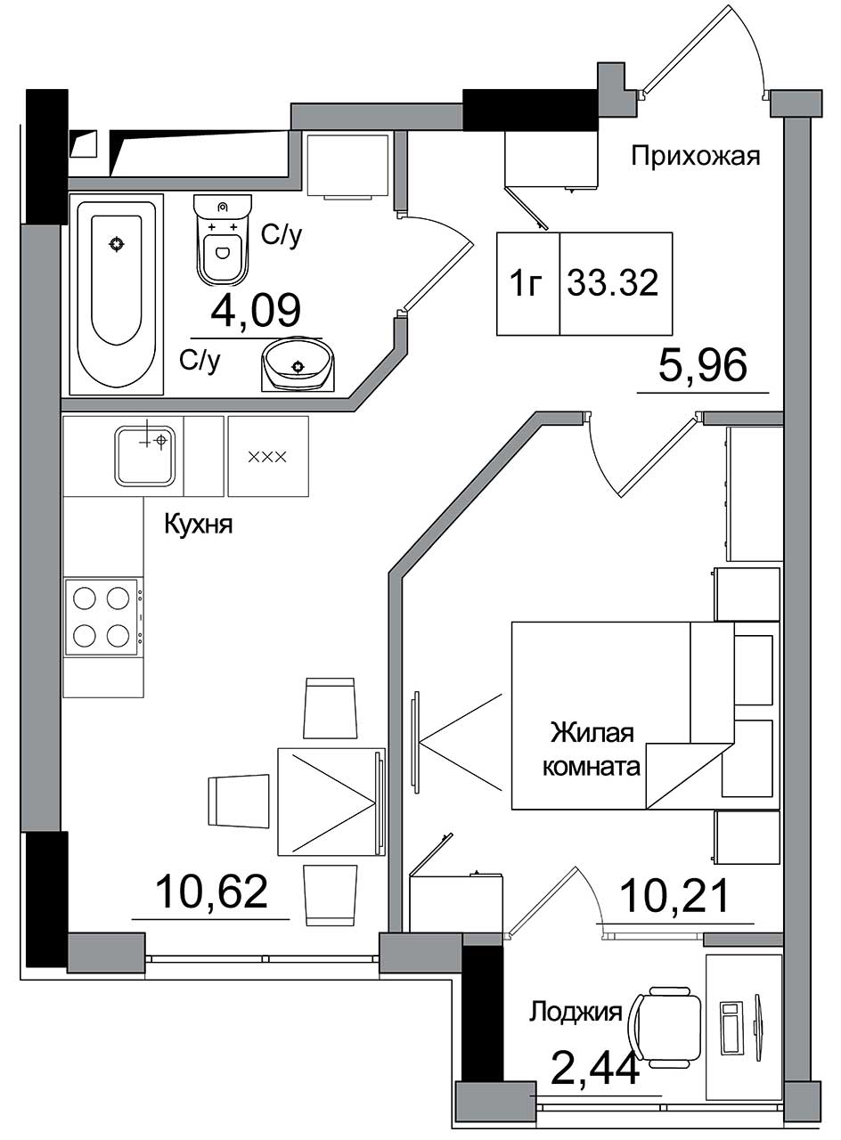 Планировка 1-к квартира площей 33.32м2, AB-16-10/00004.