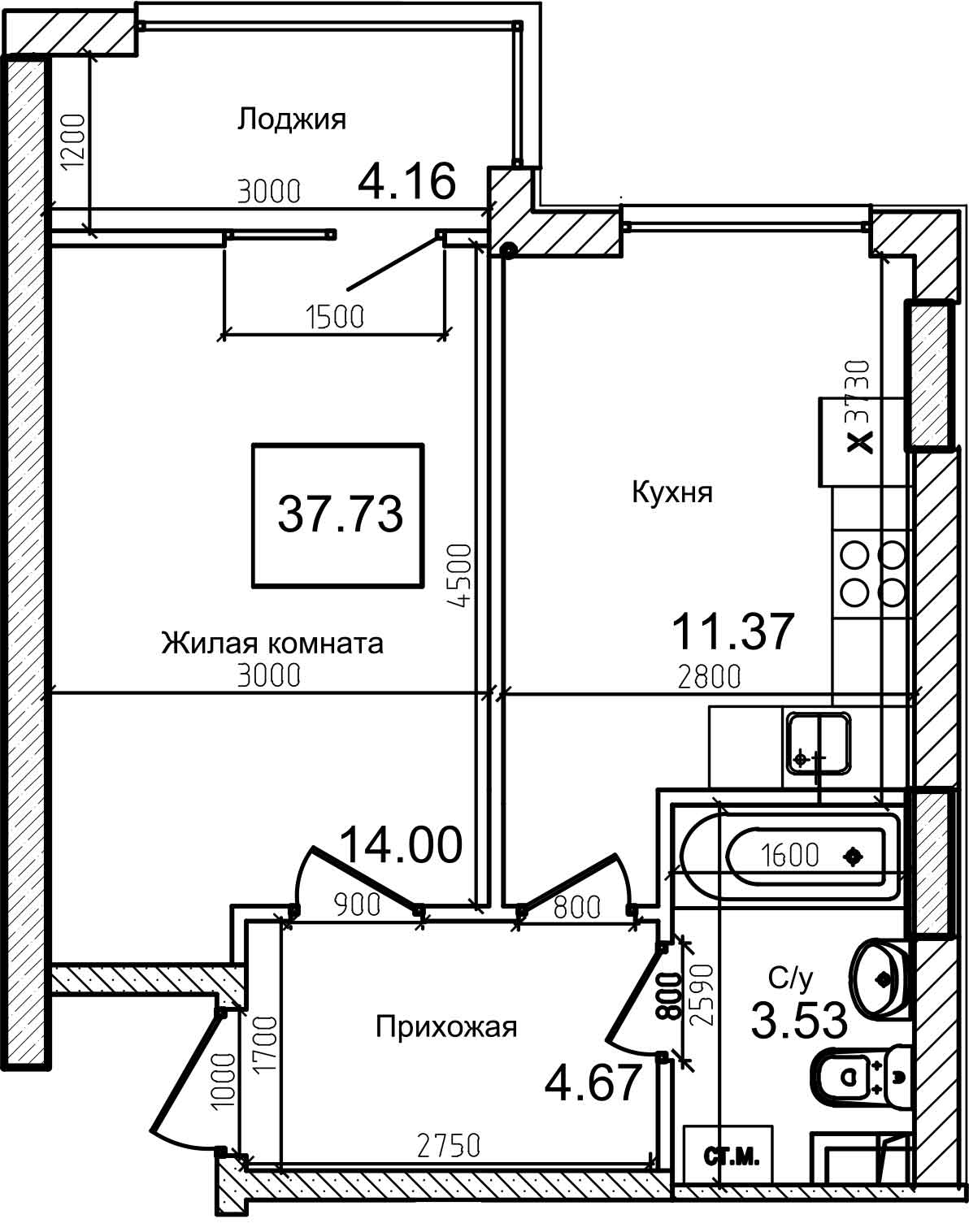 Планировка 1-к квартира площей 37.5м2, AB-08-03/00011.