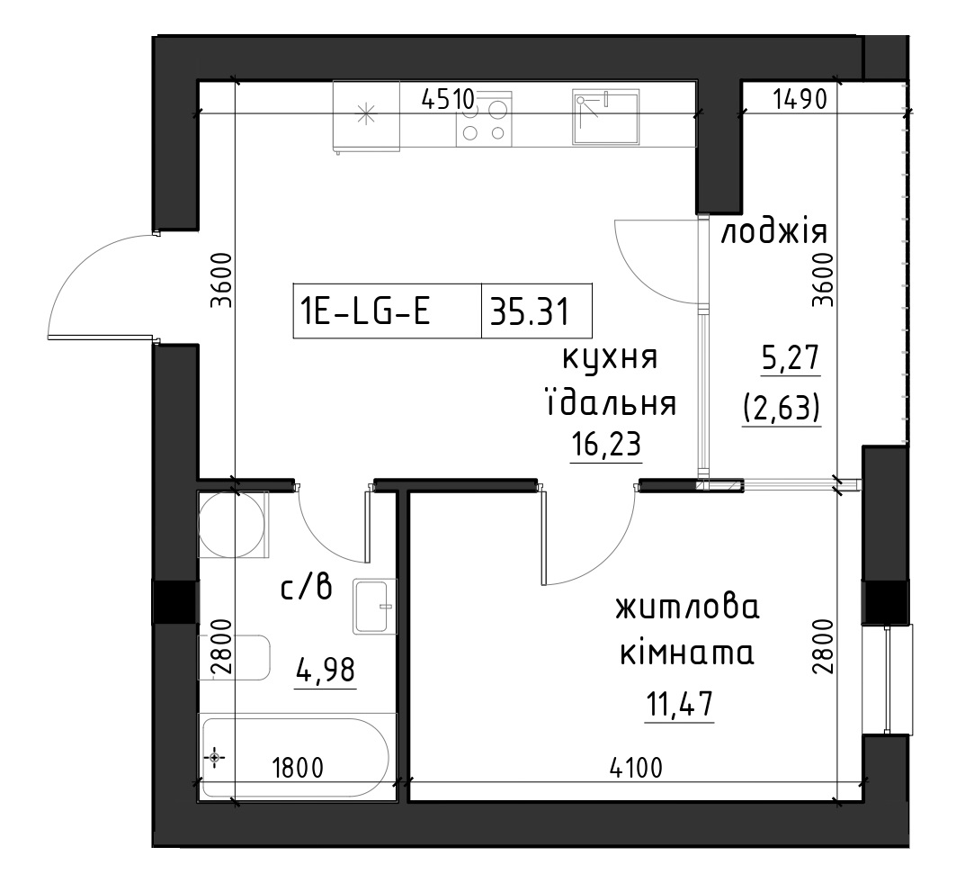 Планування 1-к квартира площею 35.32м2, LR-002-05/0003.