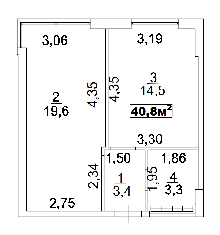 Планировка 1-к квартира площей 40.8м2, AB-02-09/00005.