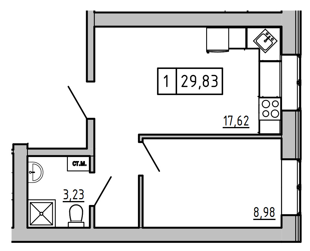 Планування 1-к квартира площею 29.83м2, KS-01А-02/0009.