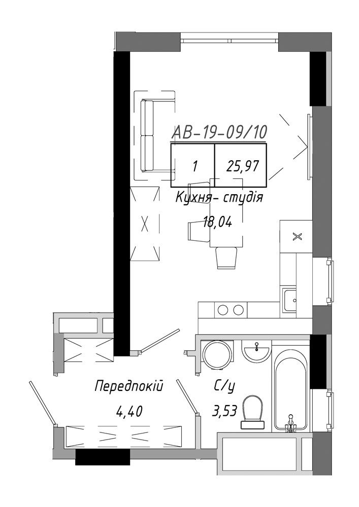 Планировка Smart-квартира площей 25.97м2, AB-19-09/00010.