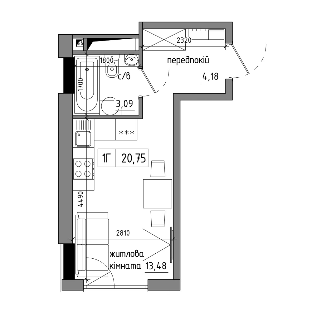 Планування Smart-квартира площею 19.9м2, AB-17-09/00004.