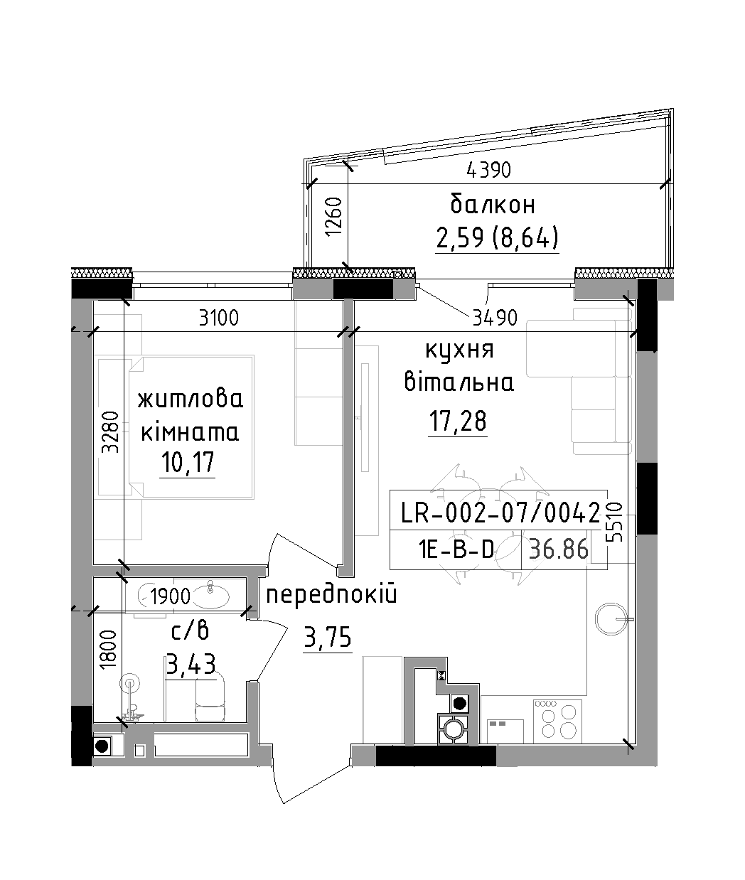 Планировка 1-к квартира площей 36.86м2, LR-002-07/0042.