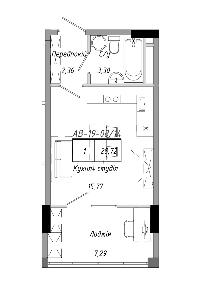 Планировка Smart-квартира площей 28.72м2, AB-19-08/00014.