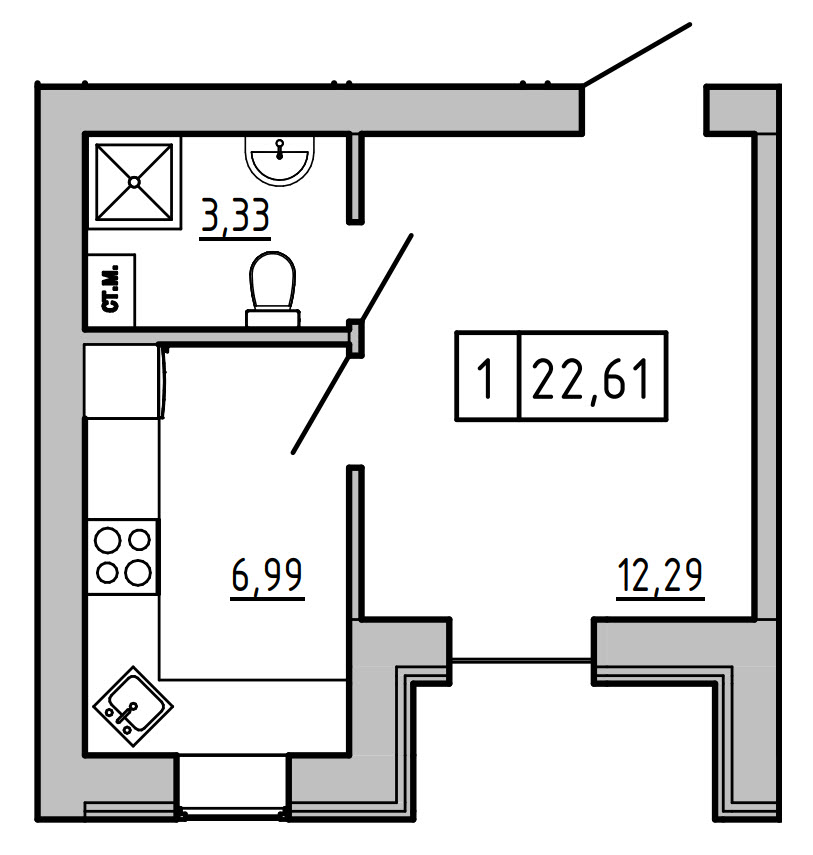 Планировка 1-к квартира площей 22.61м2, KS-01C-03/0012.