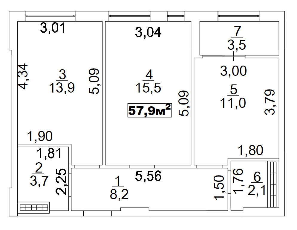 Планировка 2-к квартира площей 57.9м2, AB-02-02/00006.